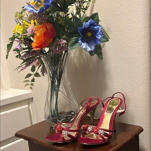 Bonnibel Red Size 6.5 Strappy Heels with Floral Accents